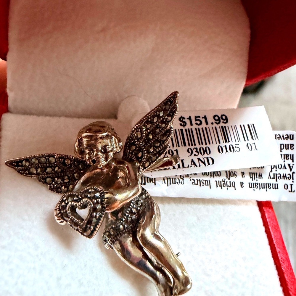 JCPenney Sterling Silver Marcasite Cherub Angel Heart Pin Brooch In Box New